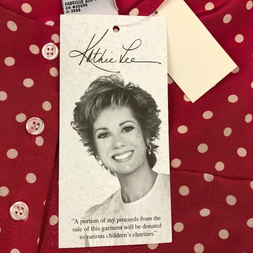 NEW Kathie Lee Vintage Silk Fushia Pink and White Polka Dot Short Sleeve Blouse - Picture 7 of 11